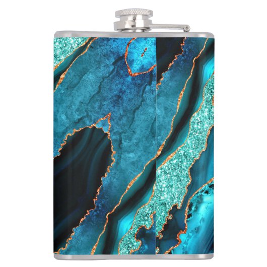 Aquamarin Blue Gold Glitzer Marbella Flachmann (Rückseite)