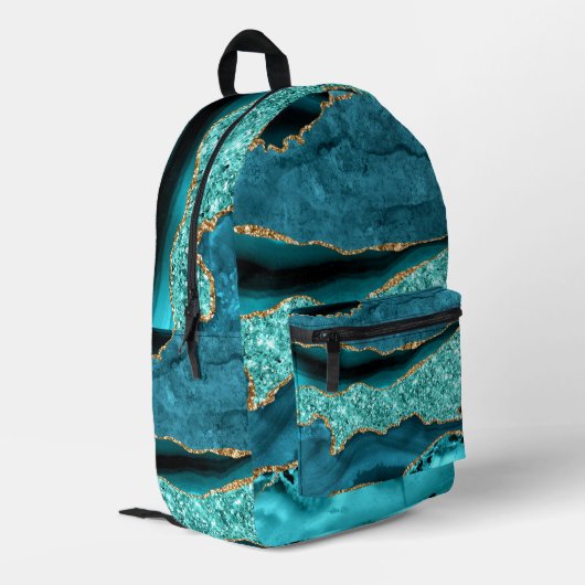 Aquamarin Blue Gold Glitzer Marbella Türkis Backpa Bedruckter Rucksack (Rückseitige Ecke links)