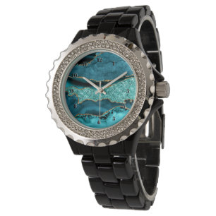 Aquamarin Blue Gold Glitzer Marmor Türkis Aqua Armbanduhr