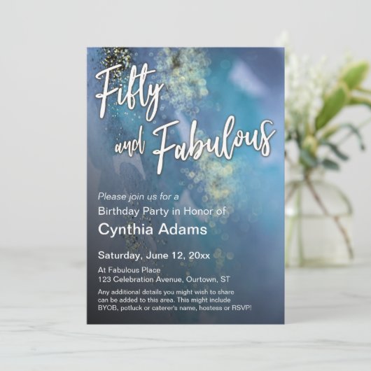 Aquamarin & Blue Gold Glitzer Moderner Fünfzig und Einladung (Stehend Vorderseite)