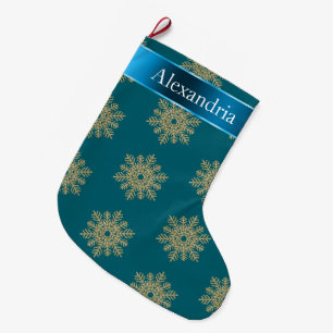Aquamarin Blue Gold Glitzer Snowflakes Weihnachtsn Großer Weihnachtsstrumpf