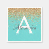 Aquamarin Blue Gold Glitzer & Sparkle Monogram Bir Serviette (Vorderseite)