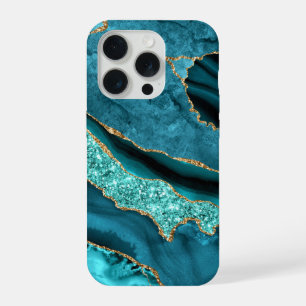 Aquamarin Blue Gold Glitzer Turquoise iPhone Case 15 Pro Hülle