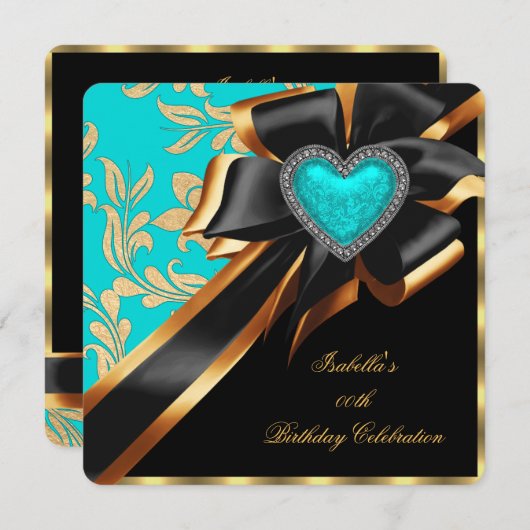 Aquamarin Blue Gold Heart Bow Black Birthday Party Einladung (Vorne/Hinten)