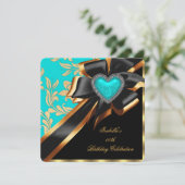 Aquamarin Blue Gold Heart Bow Black Birthday Party Einladung (Stehend Vorderseite)