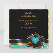 Aquamarin Blue Gold Heart Bow Black Birthday Party Einladung (Rückseite)