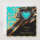 Aquamarin Blue Gold Heart Bow Black Birthday Party Einladung (Vorderseite)