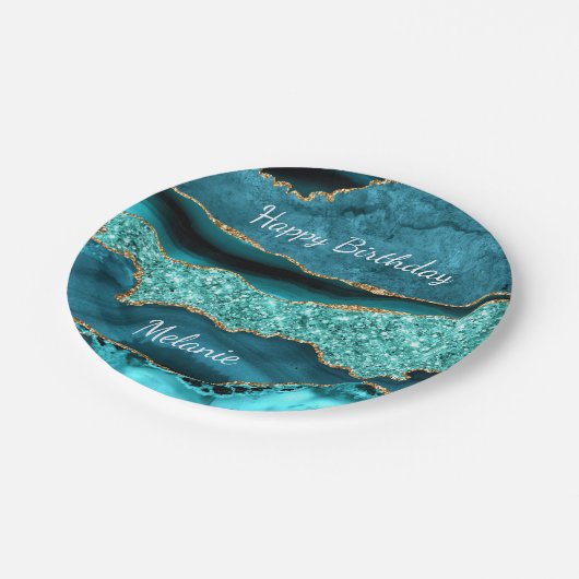 Aquamarin Blue Gold Individuelle Name Birthday Pap Pappteller (Schrägansicht)