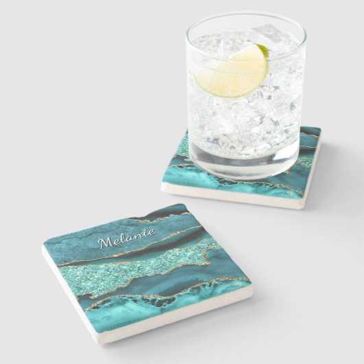 Aquamarin Blue Gold Marble Individuelle Name Stone Steinuntersetzer (Seitenansicht)