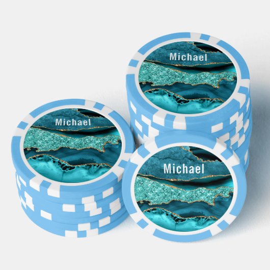 Aquamarin-Blue-Gold-Marmor-Individuelle Name-Poker Pokerchips (Stapel)