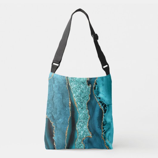 Aquamarin Blue Gold Marmor Türkis Crossbody Bag Tragetaschen Mit Langen Trägern (Vorderseite)