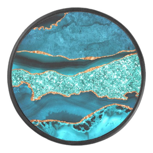 Aquamarin Blue Gold Marmor Türkis Gift Hockey Puck (Vorderseite)
