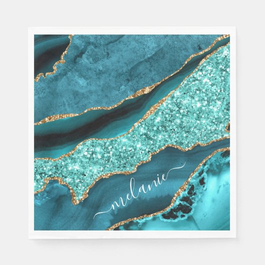 Aquamarin Blue Gold Marmor Türkis Ihr Name Napkins Serviette (Vorderseite)
