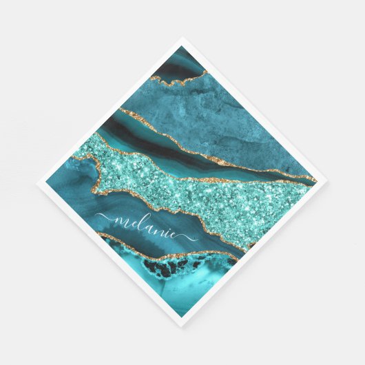 Aquamarin Blue Gold Marmor Türkis Ihr Name Napkins Serviette (Ecke)