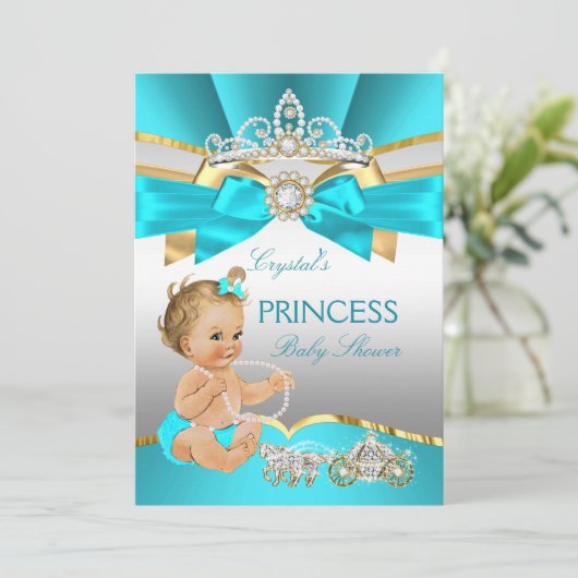 Aquamarin Blue Gold Princess Baby Dusche Blonde Einladung (Stehend Vorderseite)