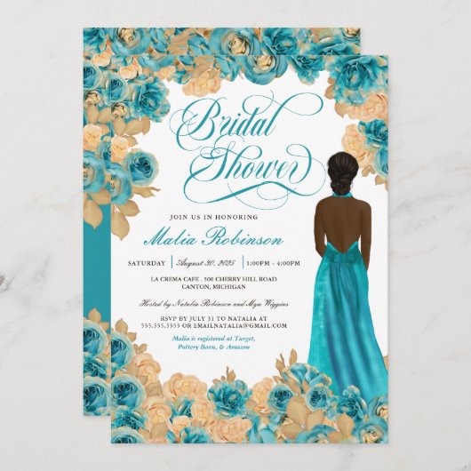 Aquamarin Blue & Gold Rose Elegantes Gown Brautpar Einladung (Vorne/Hinten)