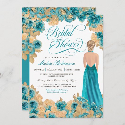 Aquamarin Blue & Gold Rose Elegantes Gown Brautpar Einladung (Vorne/Hinten)