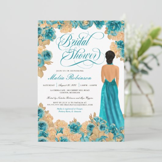 Aquamarin Blue & Gold Rose Elegantes Gown Brautpar Einladung (Stehend Vorderseite)