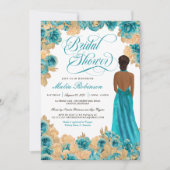 Aquamarin Blue & Gold Rose Elegantes Gown Brautpar Einladung (Vorderseite)