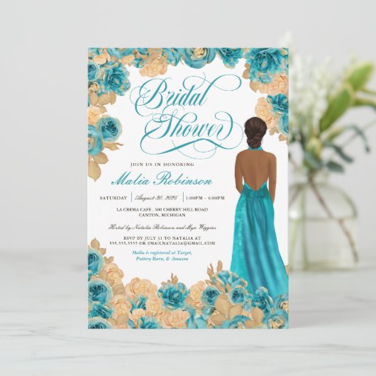 Aquamarin Blue & Gold Rose Elegantes Gown Brautpar Einladung (Stehend Vorderseite)