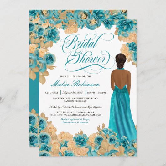 Aquamarin Blue & Gold Rose Elegantes Gown Brautpar Einladung (Vorne/Hinten)