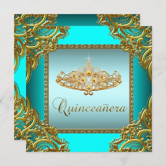 Aquamarin Blue Gold Tiara Quinceanera Einladung (Vorne/Hinten)