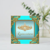 Aquamarin Blue Gold Tiara Quinceanera Einladung (Stehend Vorderseite)