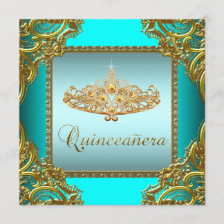 Aquamarin Blue Gold Tiara Quinceanera Einladung