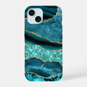 Aquamarin Blue Gold Turquoise Ihr Name iPhone Fall 15 Hülle