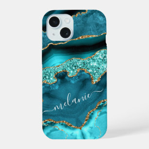 Aquamarin Blue Gold Turquoise Individuelle Name iP iPhone 15 Hülle