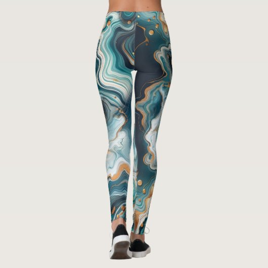 Aquamarin Blue Gold White Modern Marble Agate Wedd Leggings (Rückseite)