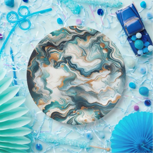 Aquamarin Blue Gold White Modern Marble Agate Wedd Pappteller (Party)