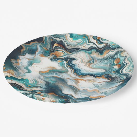 Aquamarin Blue Gold White Modern Marble Agate Wedd Pappteller (Schrägansicht)