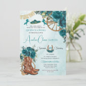 Aquamarin Blue Green Floral Charro Western Quincea Einladung (Stehend Vorderseite)