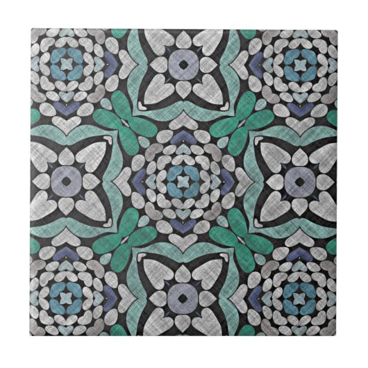 Aquamarin Blue Green Turquoise Floral Ethnic Stamm Fliese (Vorderseite)