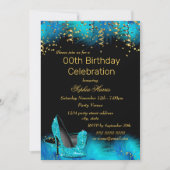 Aquamarin Blue Heel Gold Feather Glitzer Geburtsta Einladung (Vorderseite)