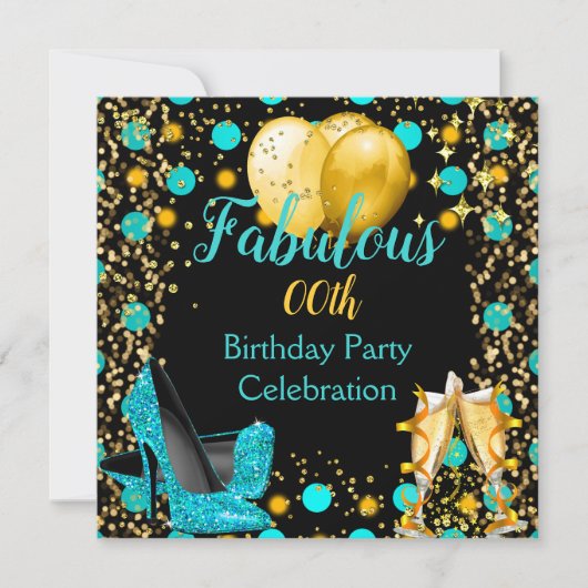 Aquamarin-Blue High Heels Gold Balloons Champagne Einladung (Vorderseite)