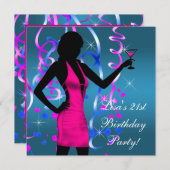 Aquamarin Blue Hot Pink 21. Geburtstag Party Einladung (Vorne/Hinten)