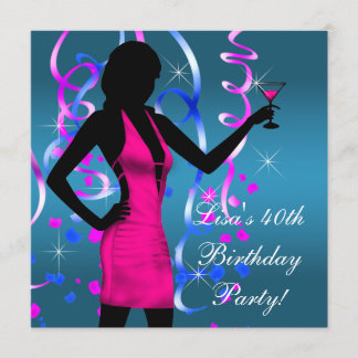 Aquamarin Blue Hot Pink 40. Geburtstag Party Einladung