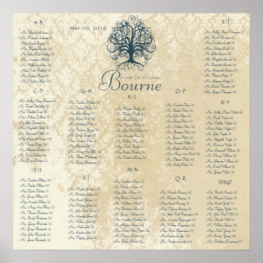 Aquamarin Blue Ivory Swirl Tree 150 Gäste alphabet Poster (Vorne)