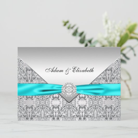 Aquamarin Blue Lace Diamond Ribbon Wedding 12x18 Einladung (Stehend Vorderseite)