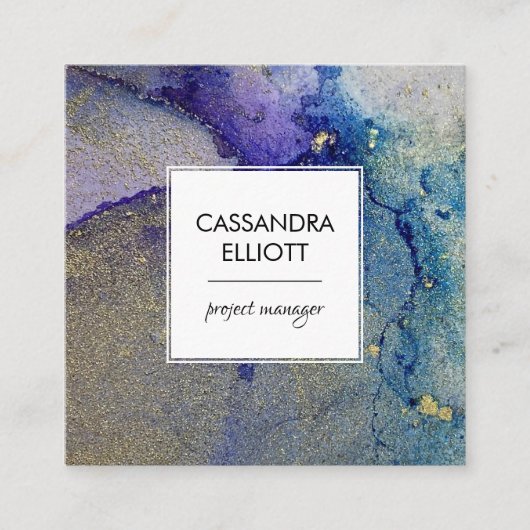Aquamarin Blue Lila & Gold Abstrakt Liquid Art Quadratische Visitenkarte (Vorderseite)