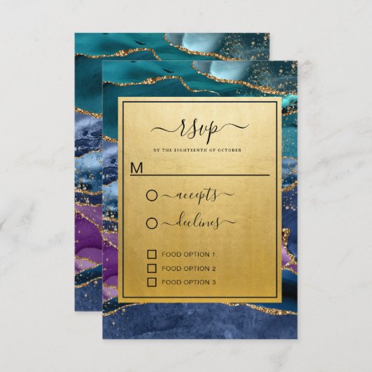 Aquamarin Blue Lila Gold Glitzer Agate Wedding RSVP Karte (Vorne/Hinten)