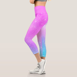 Aquamarin Blue Lila Ombre Holografie Starry Galaxy Capri Leggings