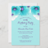 Aquamarin Blue Lila Poppies Blumengebäck Geburtsta Einladung (Vorderseite)