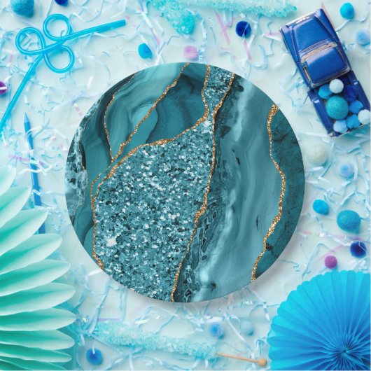 Aquamarin Blue Marble Geode Gold Glitzer Agate Pappteller (Party)