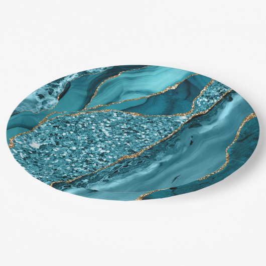 Aquamarin Blue Marble Geode Gold Glitzer Agate Pappteller (Schrägansicht)