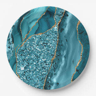 Aquamarin Blue Marble Geode Gold Glitzer Agate Pappteller