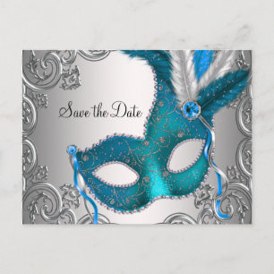 Aquamarin Blue Masquerade Save the Date Ankündigungspostkarte