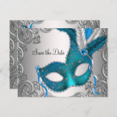 Aquamarin Blue Masquerade Save the Date Ankündigungspostkarte (Vorne/Hinten)